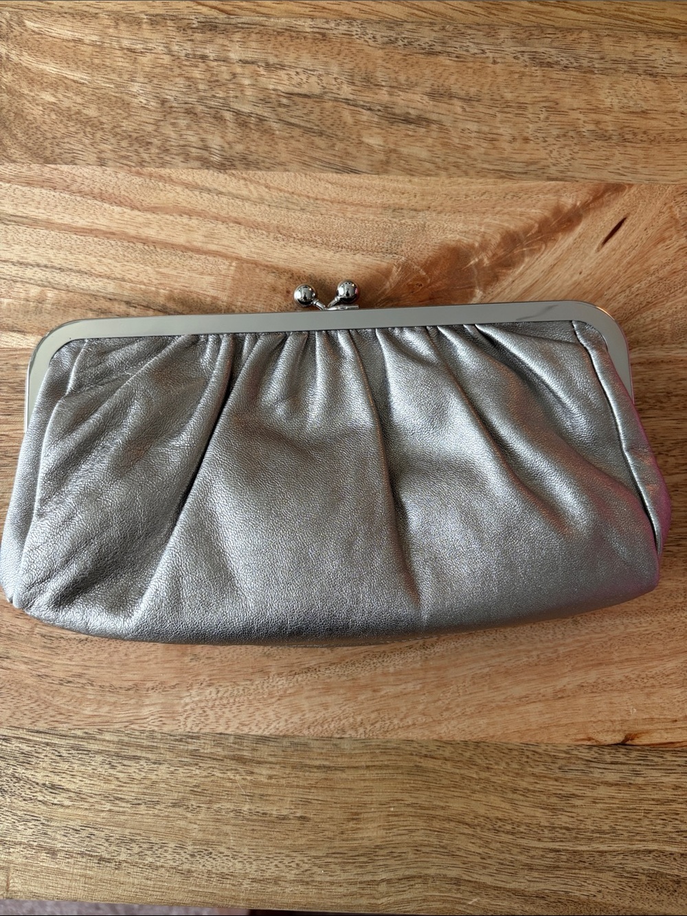 Express Leather Metallic Silver Pleated Kiss-Lock Clutch
